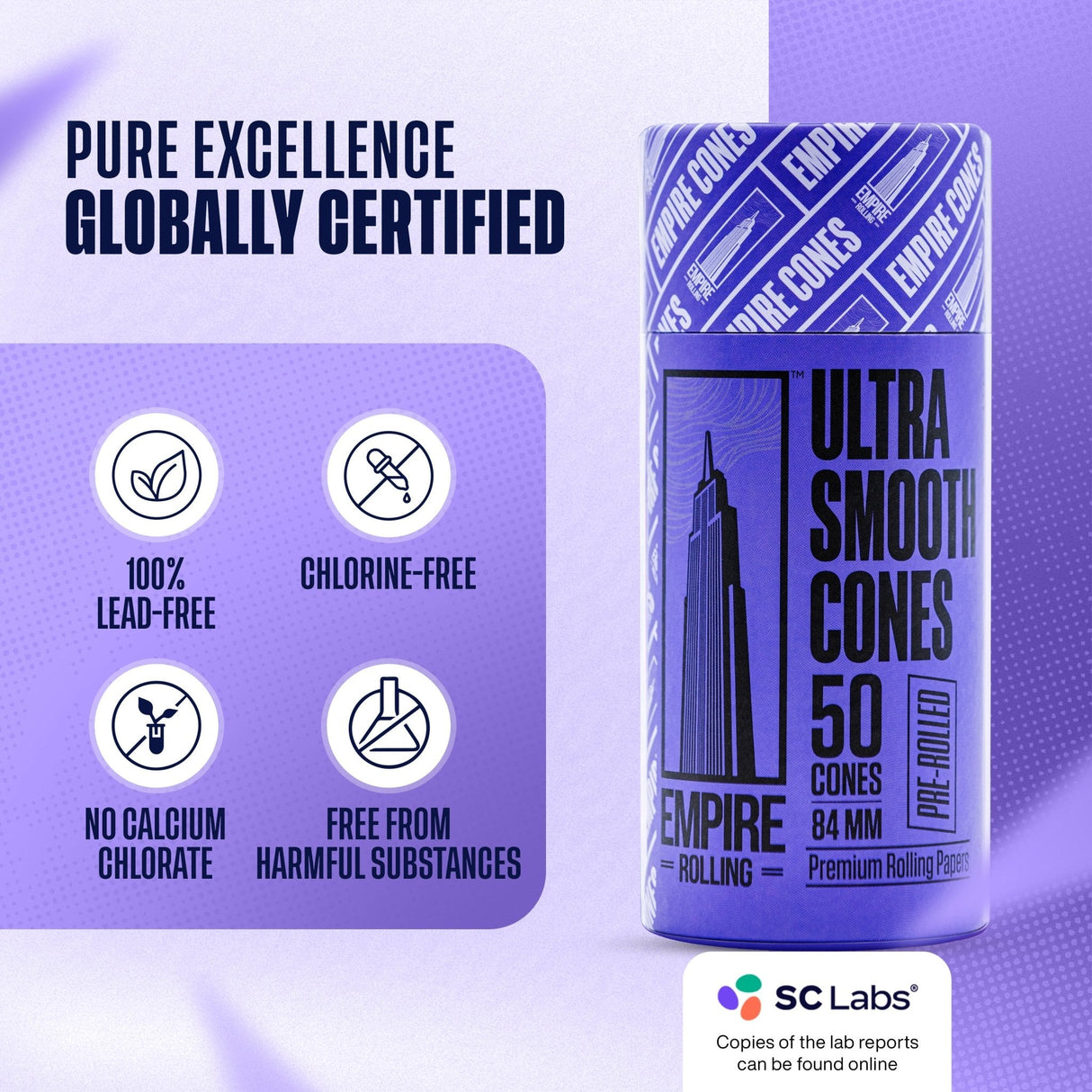 Empire Rolling Papers Ultra Smooth Purple Cones, 50 Count, Front View with Certifications