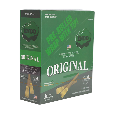 Endo Original Pre-Rolled Hemp Wraps, 15 Pack with Wooden Tips, Front View