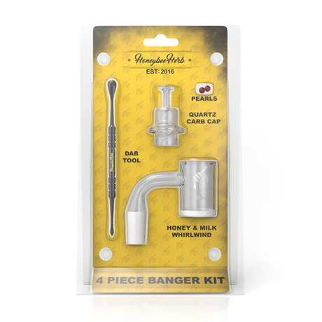 Honeybee Herb Banger Starter Kit with Quartz Carb Cap and Dab Tool, Front View on Packaging