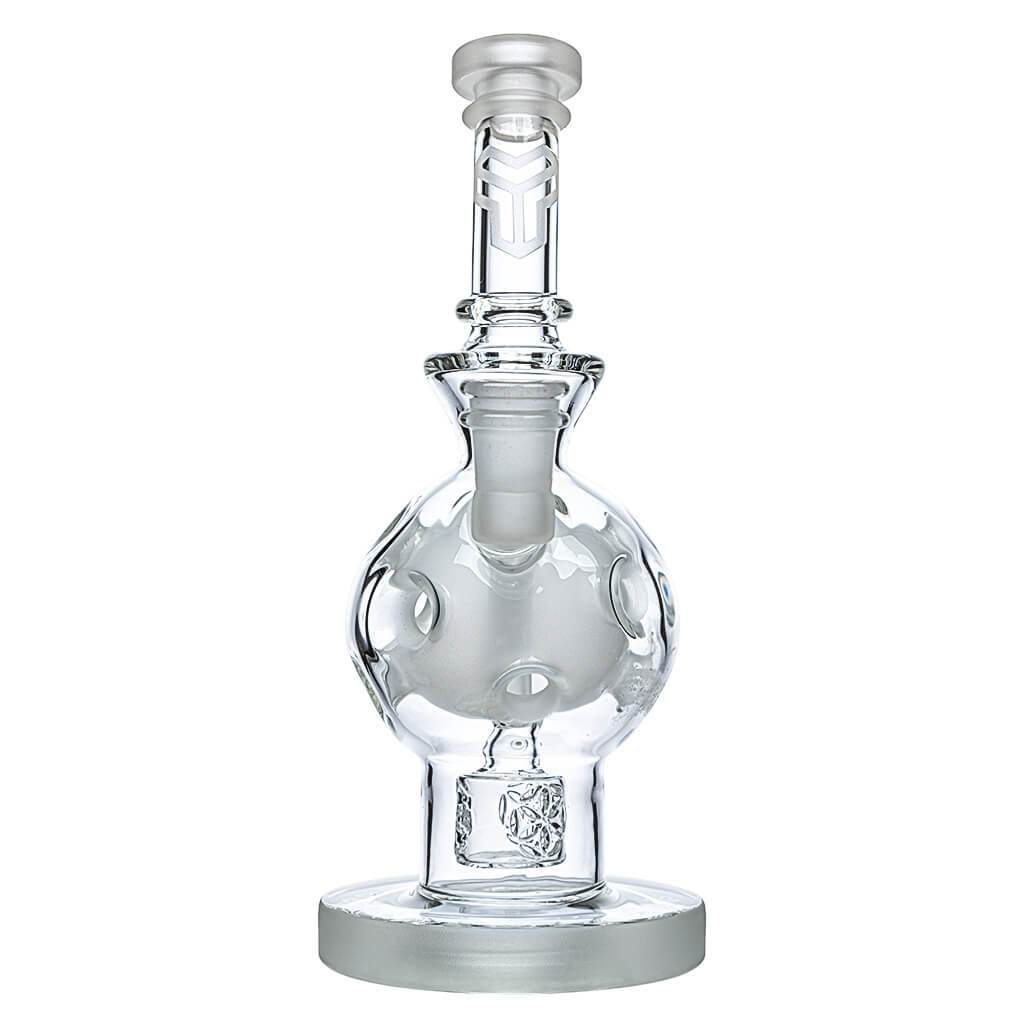 Calibear Exosphere Dab Rig in clear glass with frosted base and logo, front view on white background