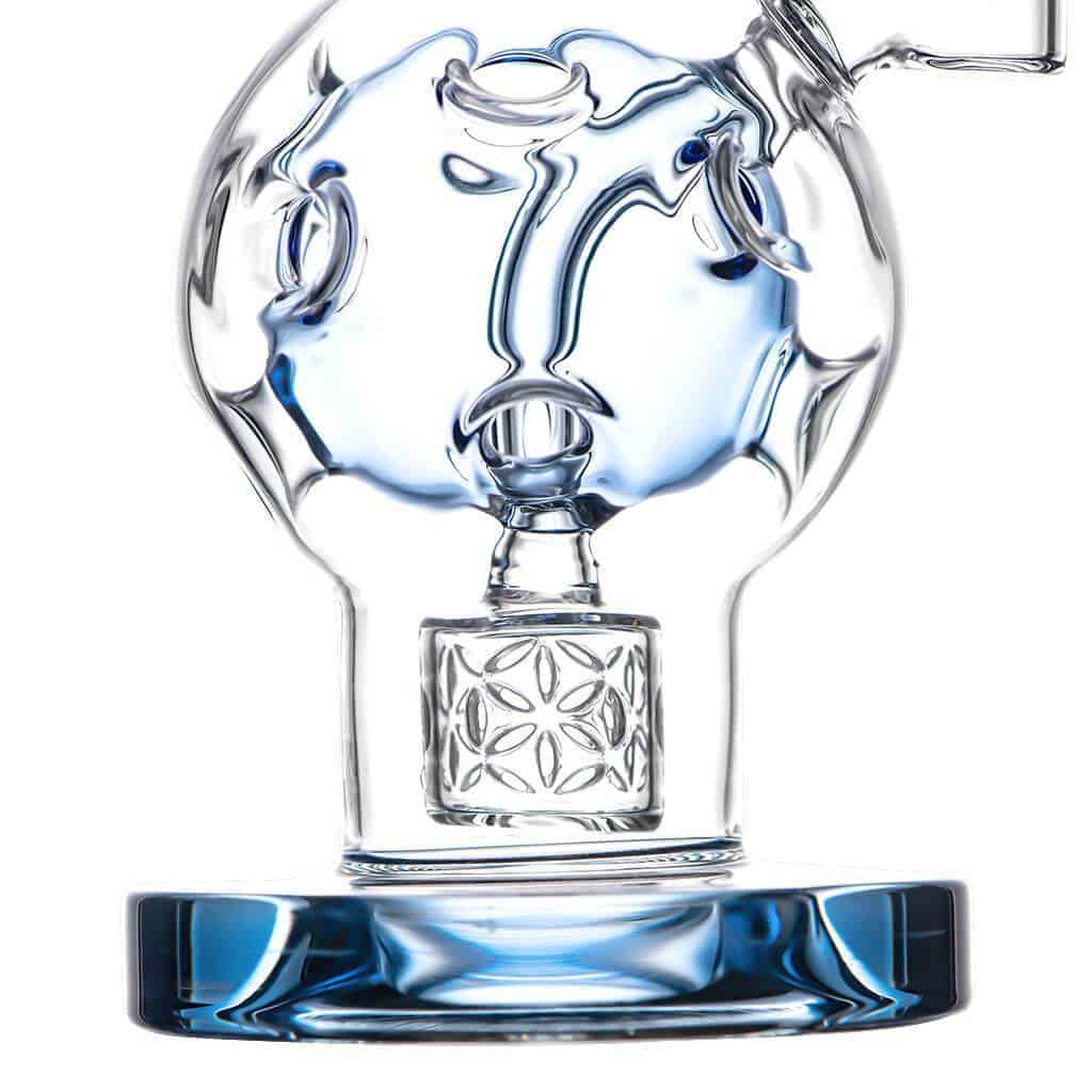 Calibear EXOSPHERE Dab Rig with Seed of Life Perc, clear glass, blue accents, front view