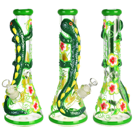 Exotic Lizard Beaker Water Pipe Trio View, 13.75" Tall, Borosilicate Glass with Floral Design