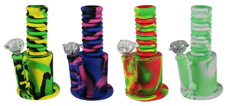 Assorted colors extendable neck silicone bongs with glass bowls, compact and portable design