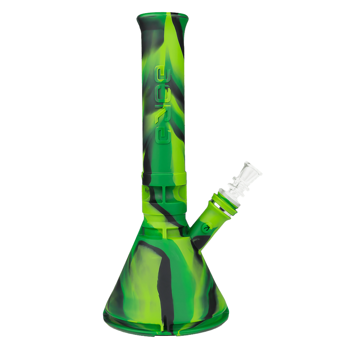 Eyce Beaker Bong in green silicone with large bowl, front view on a white background