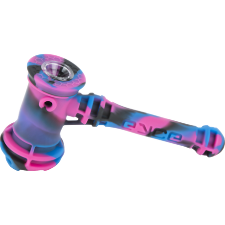Eyce Hammer Bubbler in multicolor silicone with steel bowl, portable design, angled side view