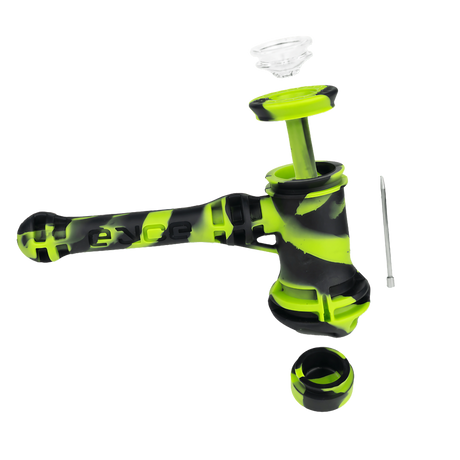 Eyce Hammer Bubbler in green and black silicone with steel poker and glass bowl, portable design