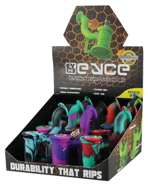 Eyce Oil Rig 2.0 Bulk Pack, assorted colors silicone dab rigs with steel tools, angled view