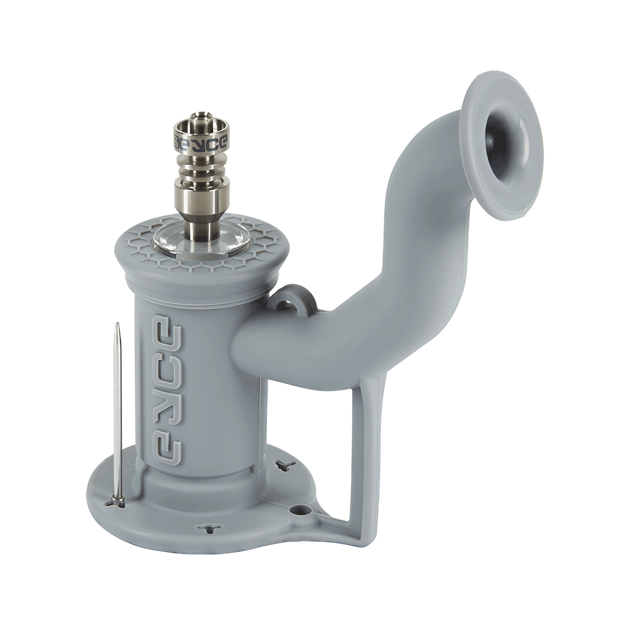 EYCE Rig 2.0 silicone dab rig with titanium nail, 10mm female joint, angled side view