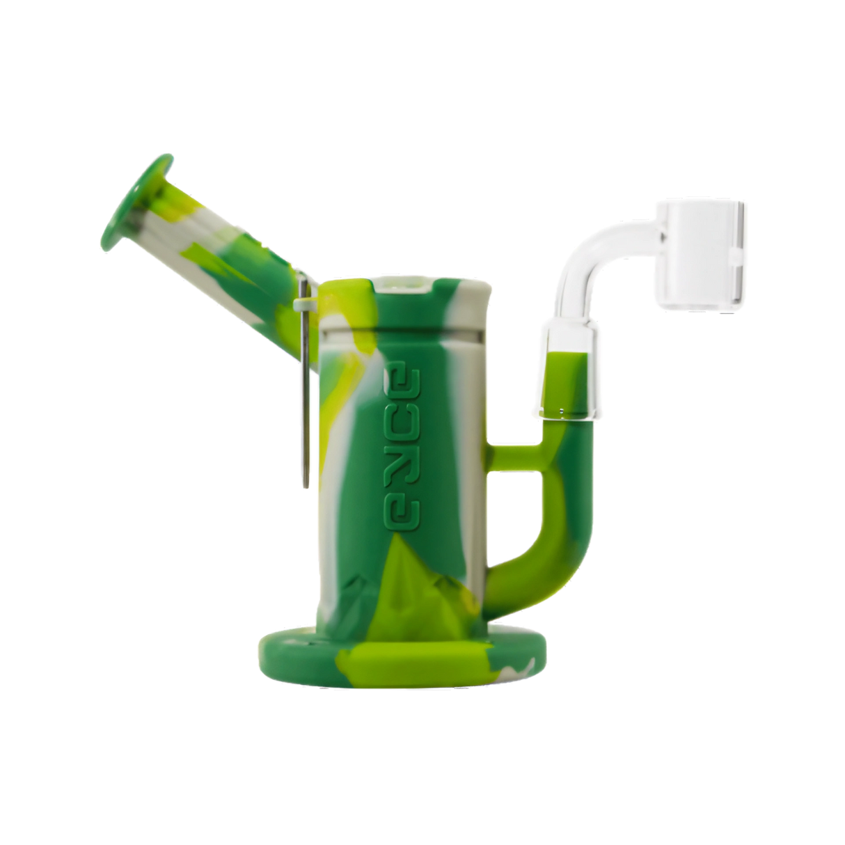 Eyce Sidecar Dab Rig in green silicone with honeycomb percolator and quartz banger, front view
