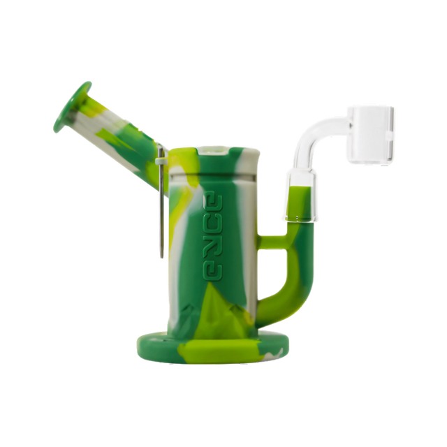 Eyce Sidecar Dab Rig in green silicone with honeycomb percolator and quartz banger, front view