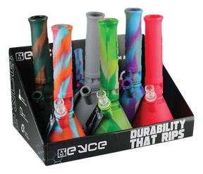 Eyce Silicone Beaker Bongs in assorted colors, 6 pack display, durable for dry herbs