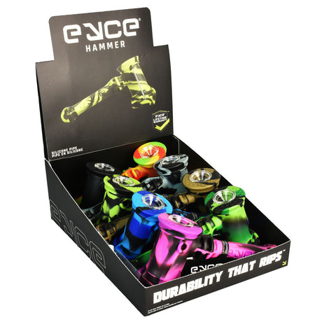 Eyce Silicone Hammer Bubbler Pipes in assorted colors displayed in an open box