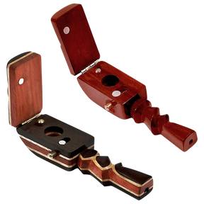 Elegant wooden hand pipe with hinged flip lid for dry herbs, 4.5" height, displayed open and closed