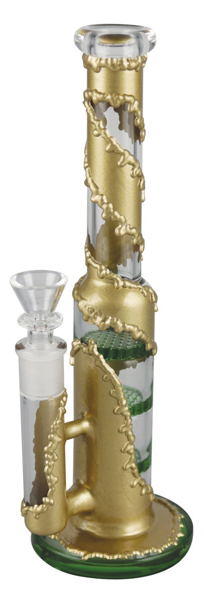 9.5" Faux Metal Fused Borosilicate Glass Water Pipe with Honeycomb Percolator, 90 Degree Joint, Front View