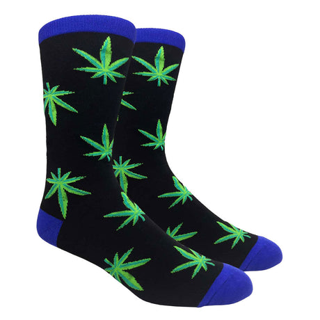 FineFit Novelty Socks featuring green hemp leaf pattern on black fabric, one size fits all, front view