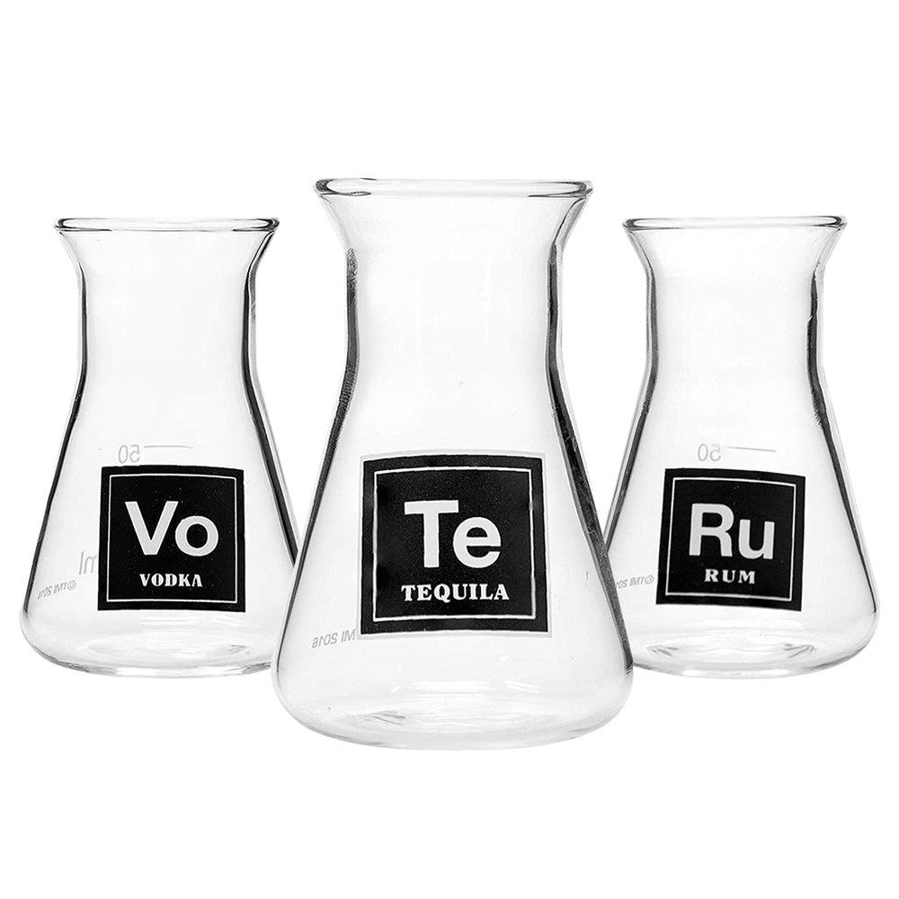 Set of 3 Borosilicate Glass Flask Shot Glasses labeled Vodka, Tequila, Rum - Front View