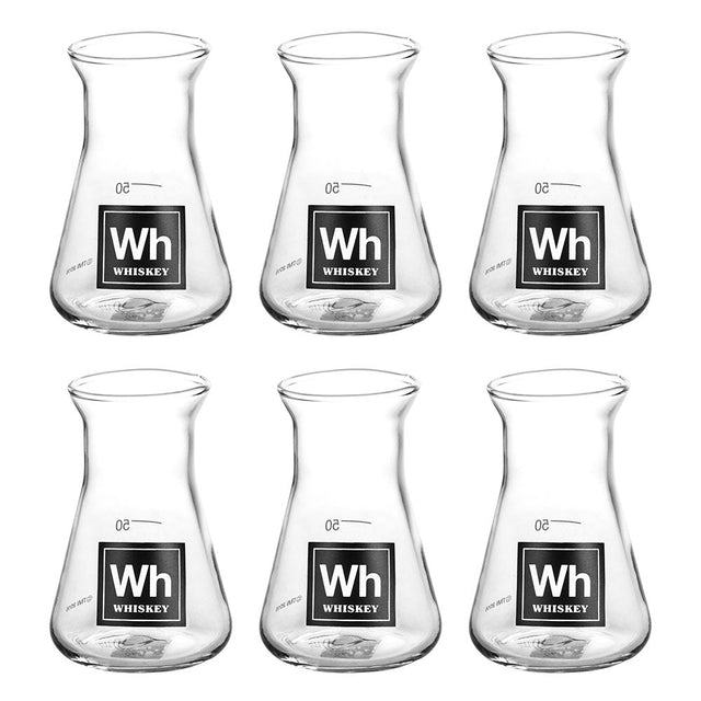 Set of six 2.75oz borosilicate glass flask shot glasses with whiskey branding, front view on white background