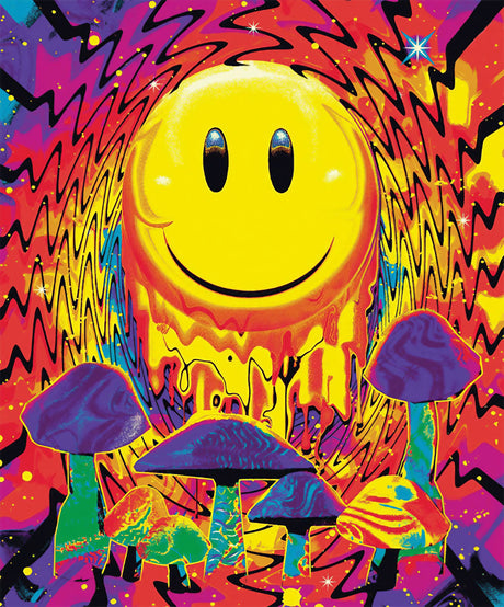 Psychedelic Fleece Blanket featuring a Smiley Face and Colorful Mushrooms, 79" x 94" Size
