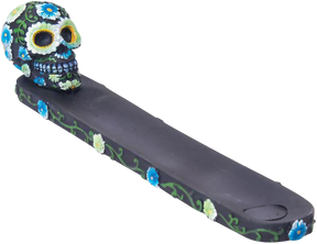 Polyresin Flower Sugar Skull Incense Burner in black with colorful details, portable design, 9.5" length - angled view