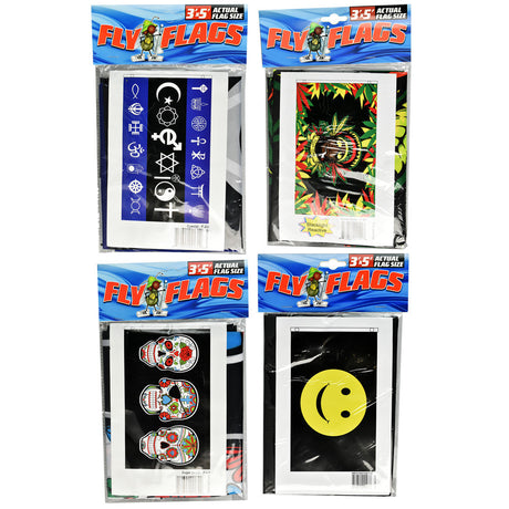 Fly Flags Best Sellers display with assorted designs in 3'x5' size, front view, ideal for home decor