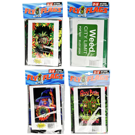 Assorted Fly Flags Blacklight Reactive 3'x5' in packaging, vibrant colors, 12pc display set