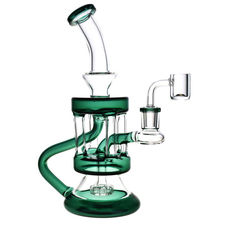 Four Pillars Recycler Rig in green, 9.5" tall with a 90-degree joint and disc percolator, front view
