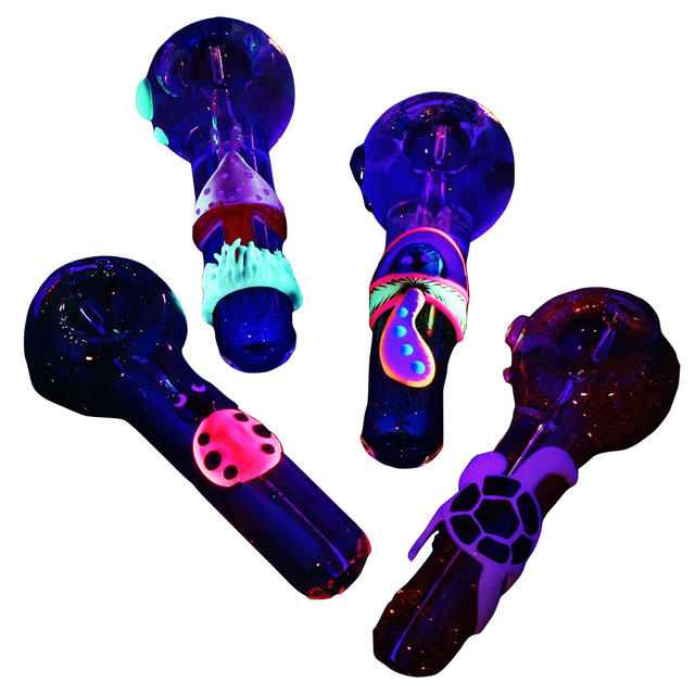 Freezable Glycerin Glitter Glow Spoon Pipes in UV reactive colors, portable 5" length, on black background