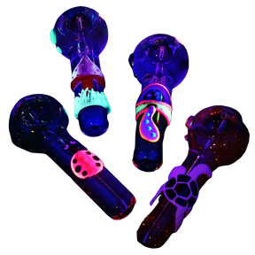 Freezable Glycerin Glitter Glow Spoon Pipes in UV reactive colors, portable 5" length, on black background