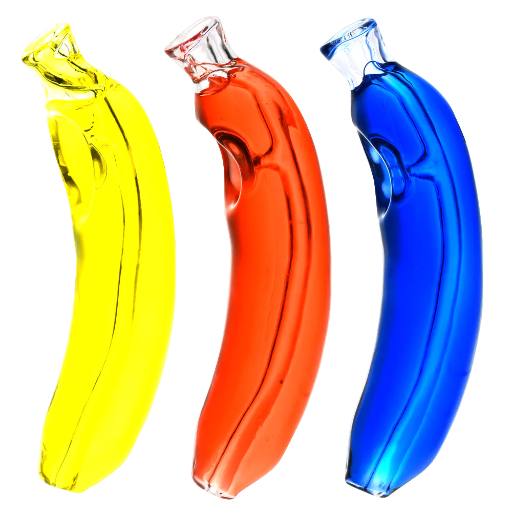 Colorful Freezable Glycerin Hand Pipes shaped like bananas in yellow, red, and blue