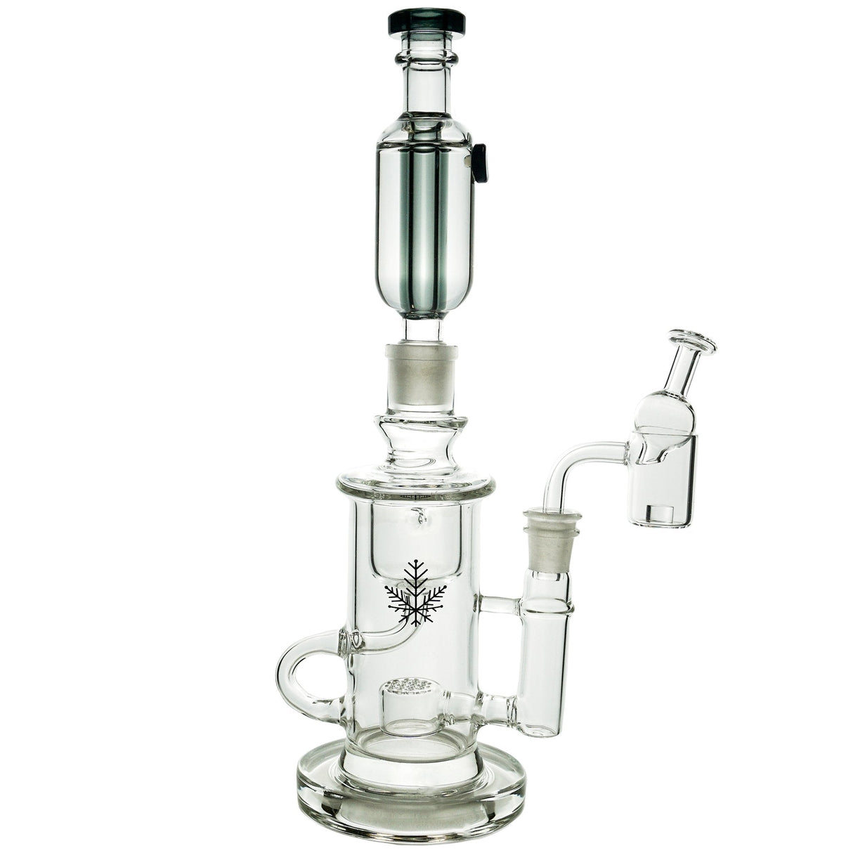Freeze Pipe Klein Recycler dab rig with quartz banger, clear glass, and intricate percolator design