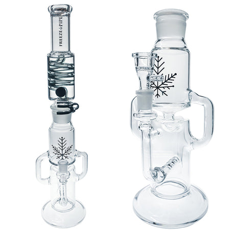 Freeze Pipe Recycler Dab Rig with 14mm Joint and Intricate Cooling Design, Front and Side Views