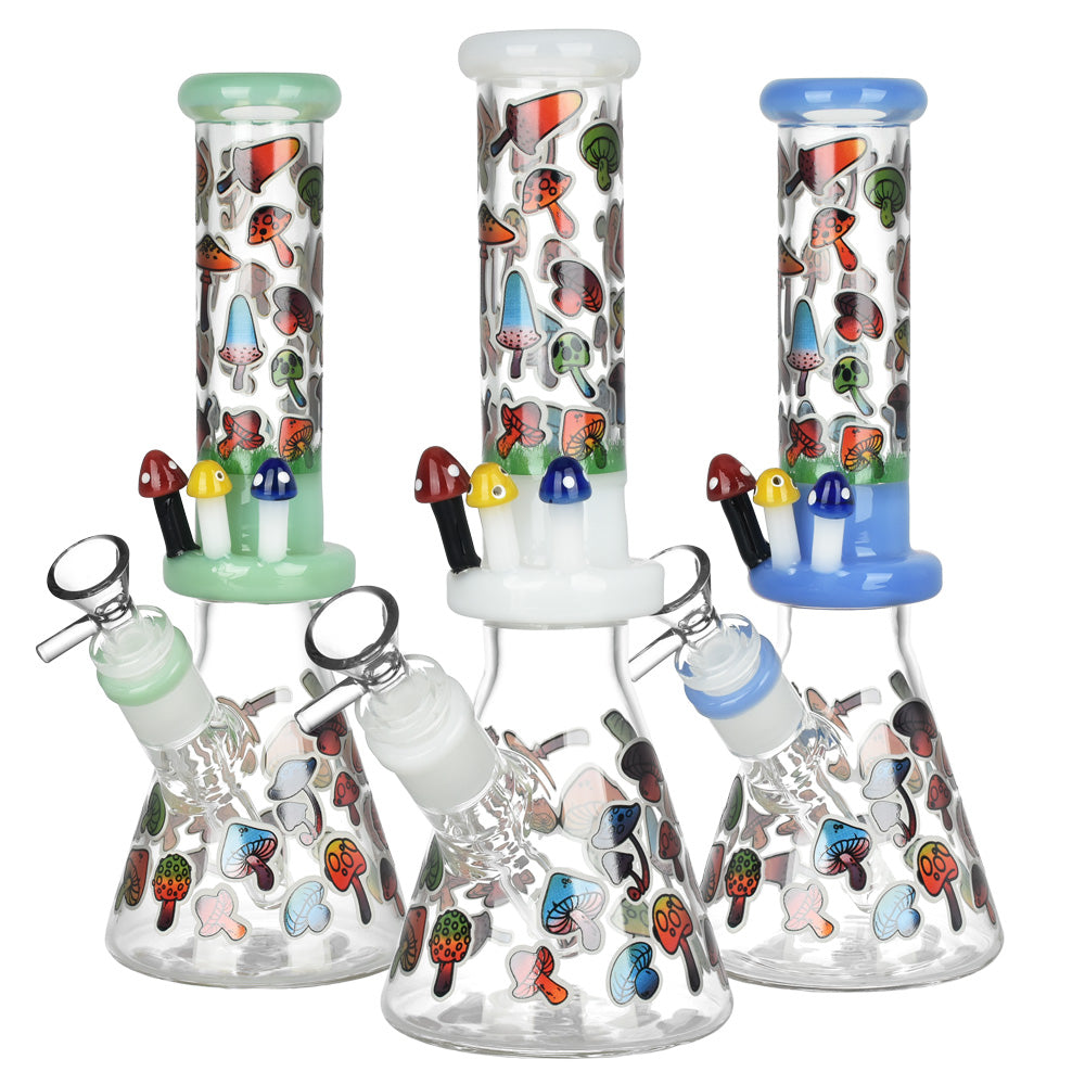 Friendly Fungi Beaker Water Pipes in 10" size with colorful mushroom designs, made of Borosilicate Glass