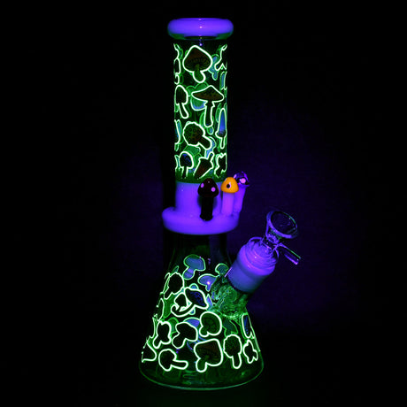 Friendly Fungi Beaker Water Pipe with Glow-in-the-Dark Design, 10" Height, Angled View