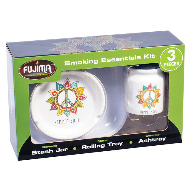 Fujima Smoking Essentials 3-Pack with Ceramic Stash Jar, Metal Rolling Tray, and Ashtray
