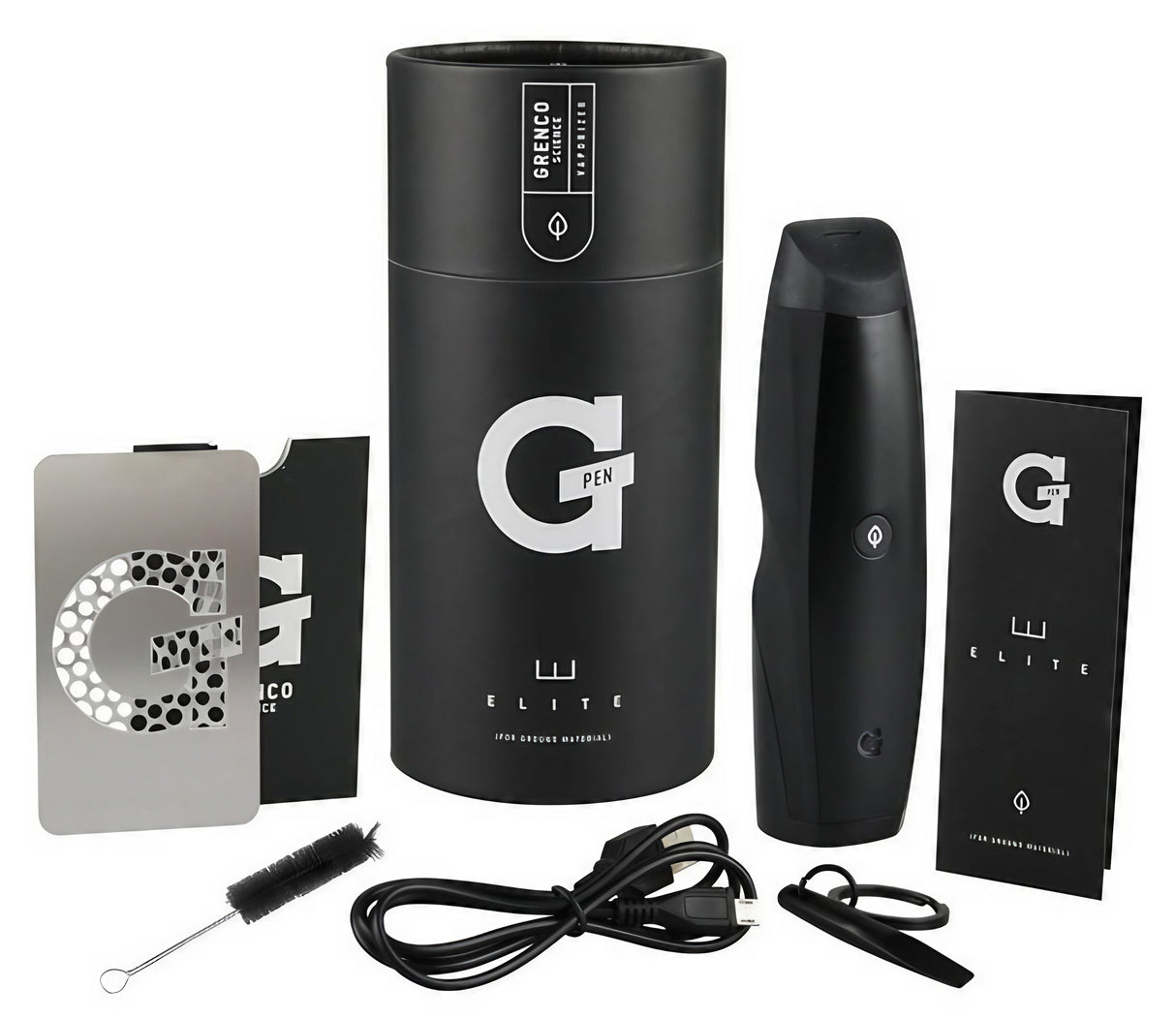 G-Pen Elite Dry Herb Vaporizer set with accessories on white background