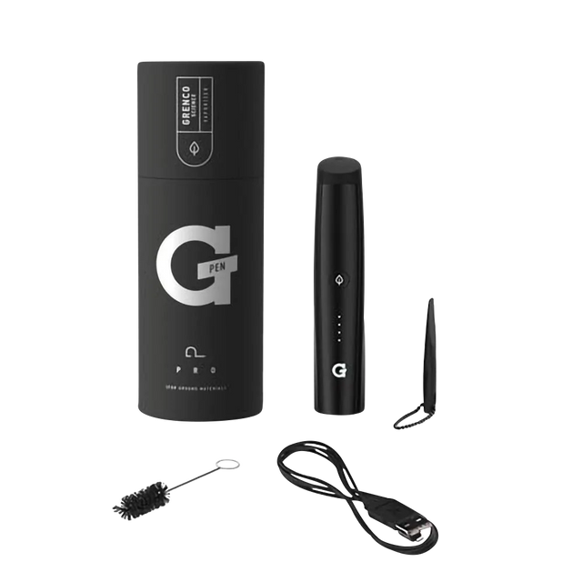 G Pen Pro Vaporizer in black, portable design with ceramic chamber, front view with accessories