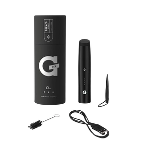 G Pen Pro Vaporizer in black, portable design with ceramic chamber, front view with accessories