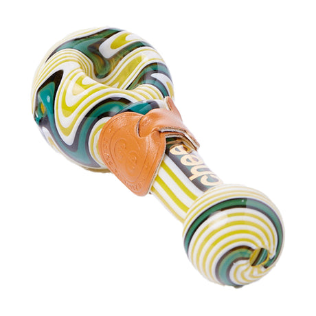 Cheech Glass Wig Wag Bowl in Yellow White Blue, Hand Pipe with Swirl Design, Angled View