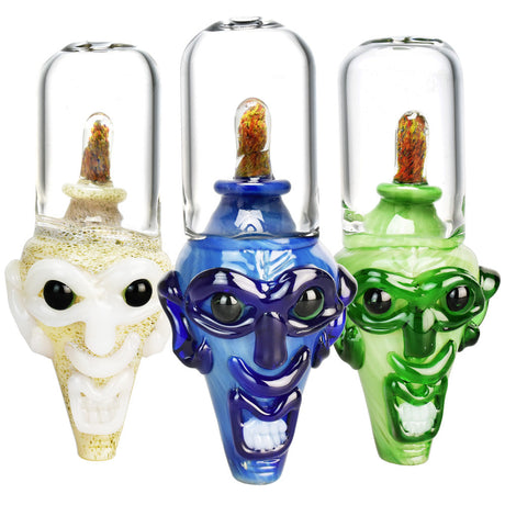 Galaxy Brain Trippy Glass Hand Pipes in white, blue, and green with intricate designs, front view