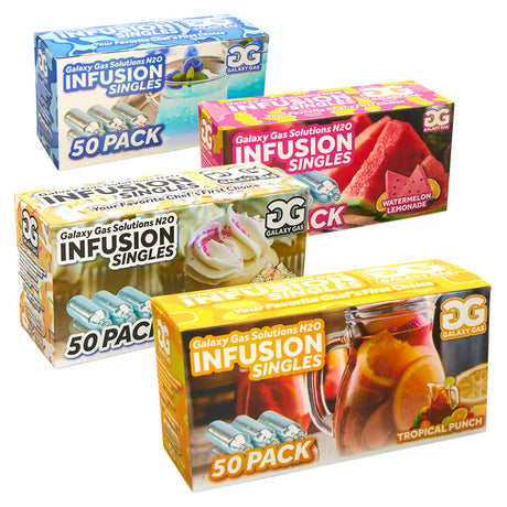 Galaxy Gas Infusion Cream Chargers in various flavors, 50 Piece Boxes displayed