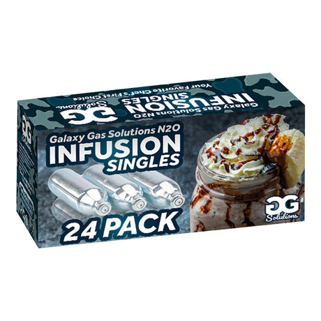 Galaxy Gas Infusion N2O Cream Chargers 24 Pack box front view with whipped cream dessert