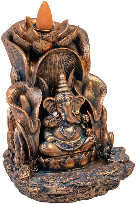 Ganesha Backflow Incense Burner in Polyresin, 5.5" - Front View on White Background