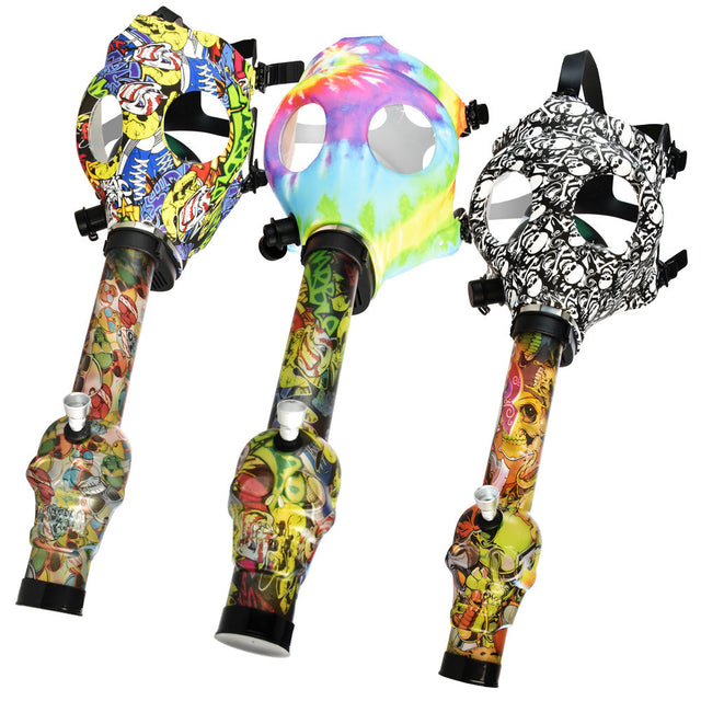 Variety of Gas Mask Bongs with Acrylic Water Pipes in vivid, artistic designs, front view