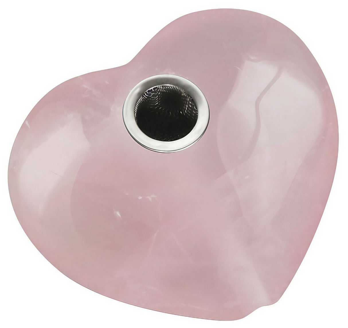 Rose Quartz Heart-Shaped Hand Pipe with Steel Bowl, Top View, 2.5" Length