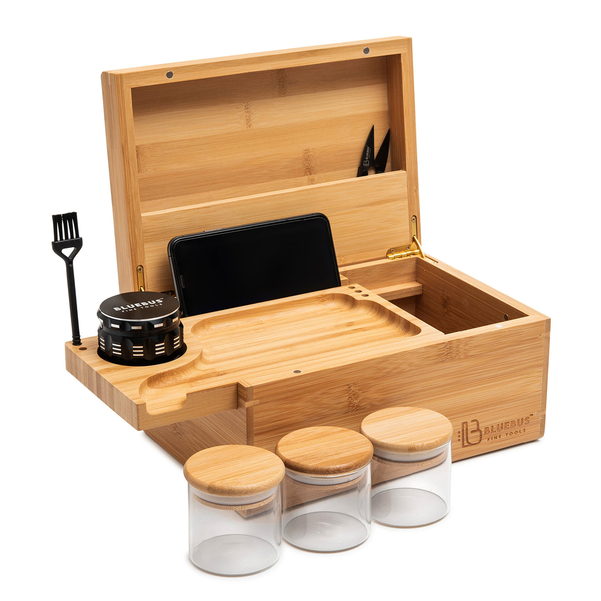 GENESIS storage stash box by Blue Bus fine tools, open view showing compartments and accessories