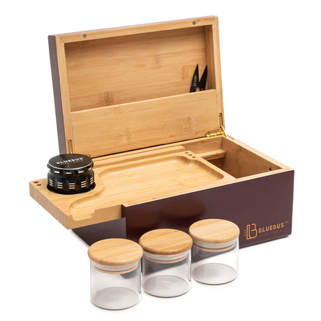GENESIS Storage Stash Box in Bordeaux with 4-Part Grinder and Glass Jars by Blue Bus
