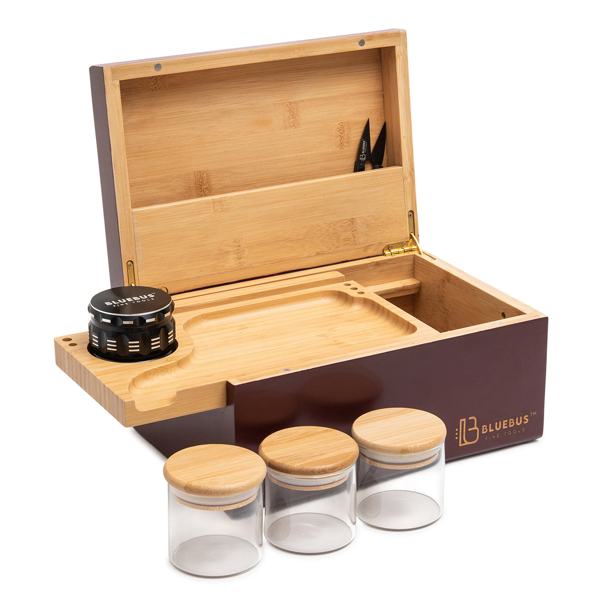 GENESIS Storage Stash Box in Bordeaux with 4-Part Grinder and Glass Jars by Blue Bus