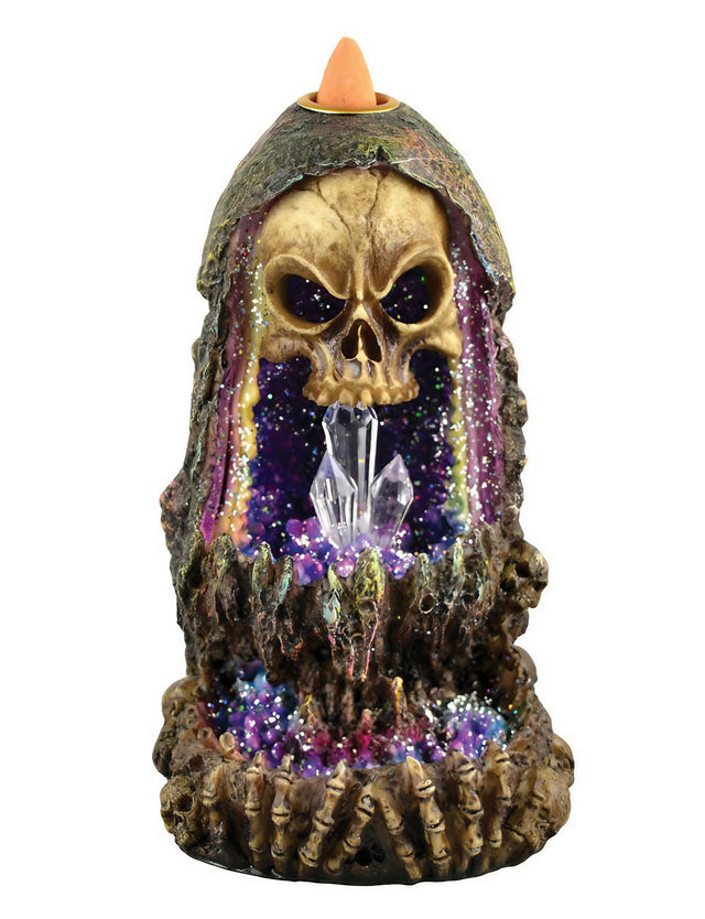 Geode Skull Backflow Incense Burner with Crystal Design, Front View - 6.5" Home Decor