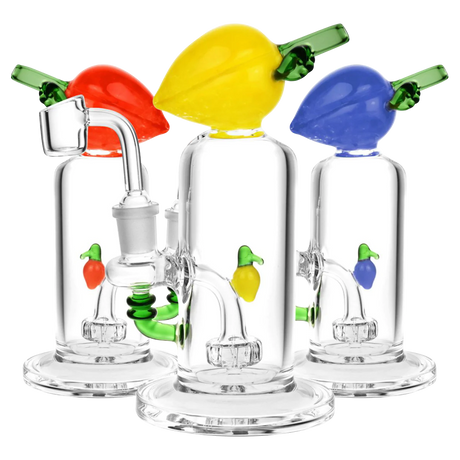 Georgia Peach Glass Dab Rigs in red, yellow, blue with showerhead percolator and thick glass