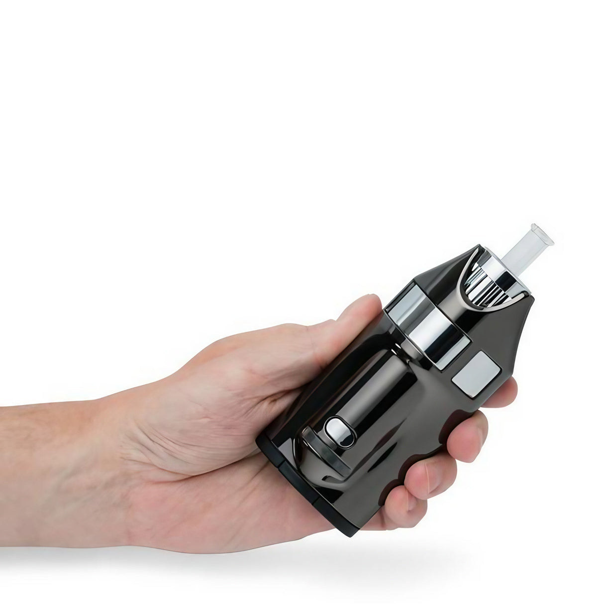 Hand holding GHOST Vapes MV1 Herb & Wax Vaporizer, sleek design, front view on white background